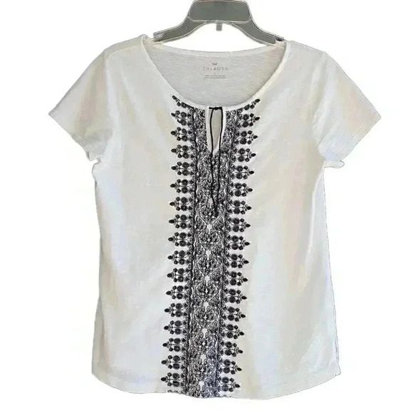 New Talbots White Knit Black Embroidered Keyhole Neckline Short Sleeve T-Shirt - Picture 1 of 6